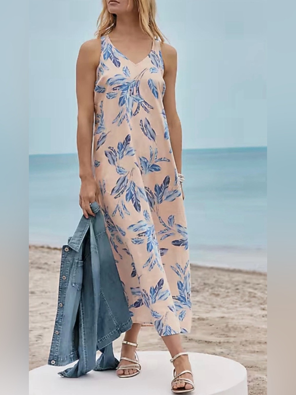 J. JILL Love Linen 100% Linen V Neck Sleeveless Maxi Dress Sorbet Bold Fronds XS